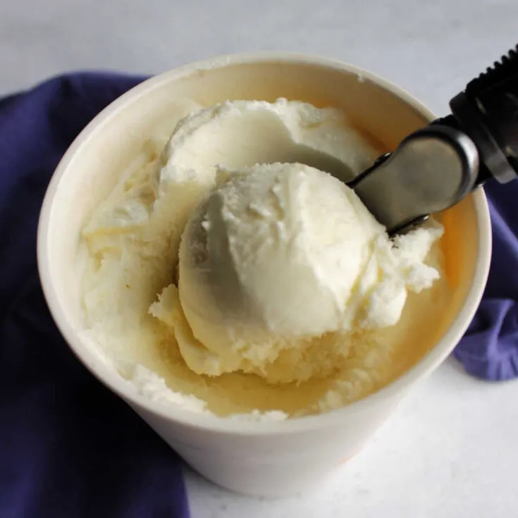 Scooping out a ball of vanilla ice cream from the storage container.