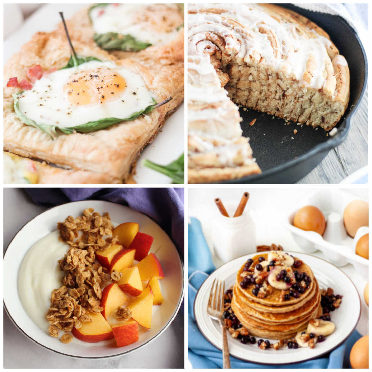 Collage of breakfast recipe including eggs benedict tarts, cinnamon roll, granola and pancakes.