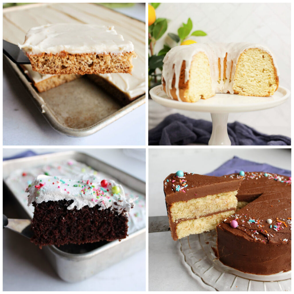 Collage of bundt cake, sheet cake, layer cake and chocolate cake.