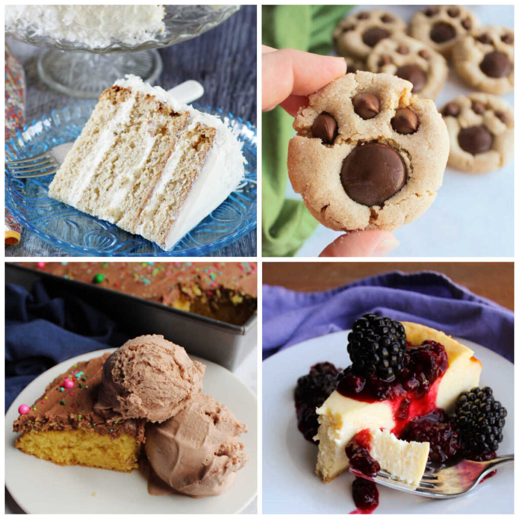 Collage of dessert pictures including layer cake, cookies, ice cream and cheesecake.