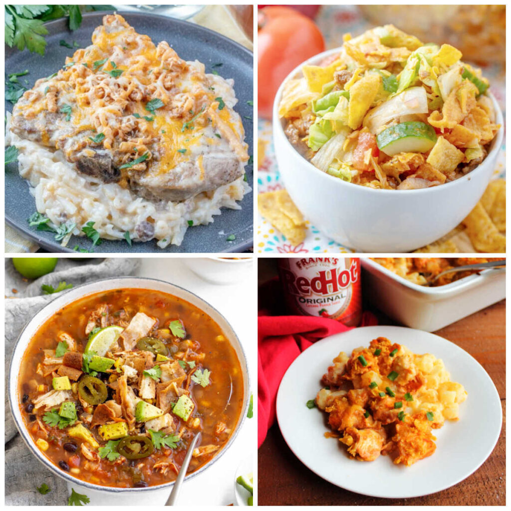 Collage of dinner recipes including casseroles, soups, salads, pork, chicken and more.