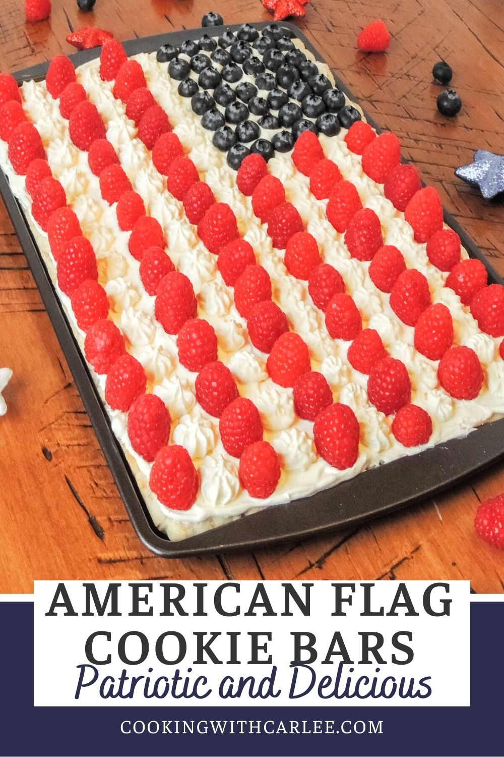 These easy homemade cookie bars use blueberries, raspberries and an easy white vanilla frosting to make an American flag. The homemade cookie base is part sugar cookie with a little bit of oatmeal for texture.