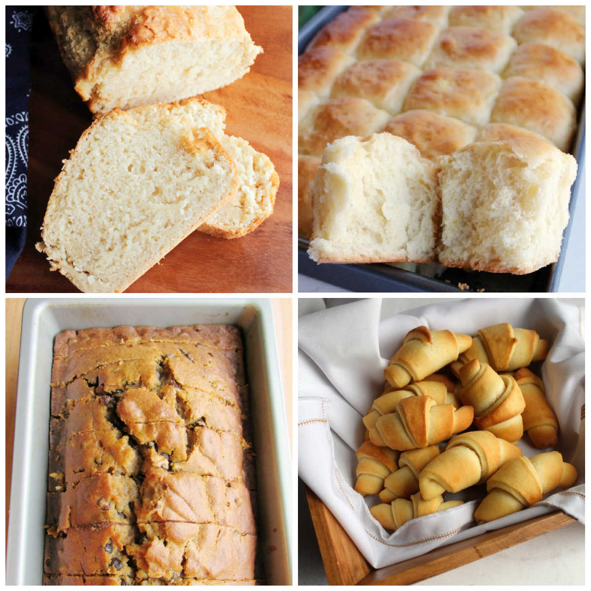 Collage of images including homemade quick breads and yeast rolls.