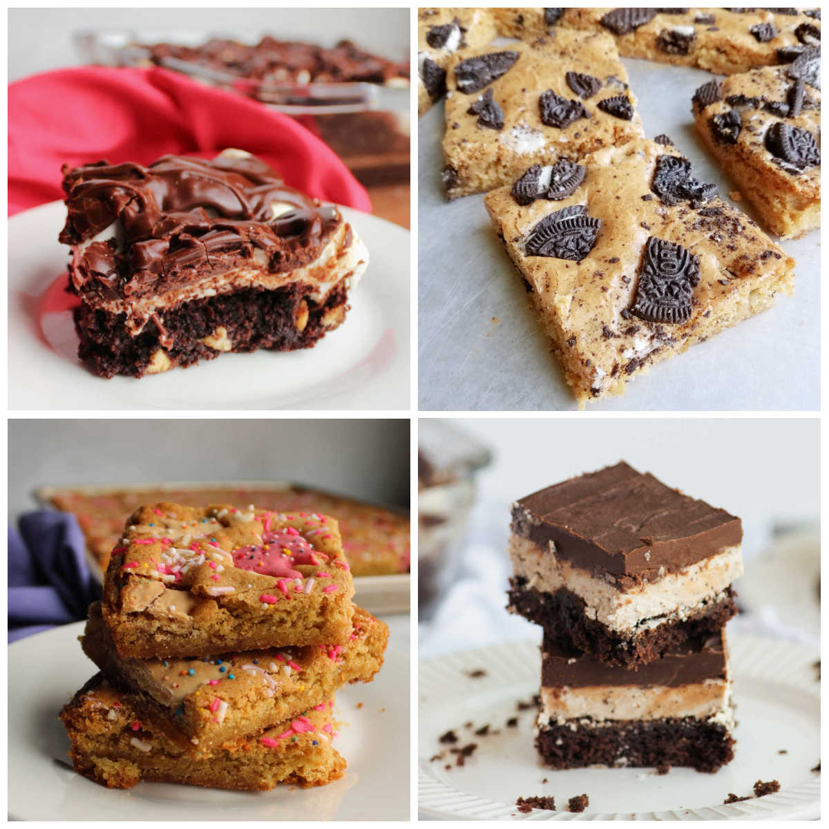 Collage of dessert images including mississippi mud brownies, oreo blondies, coffee and cream blondies and animal cracker blondies.