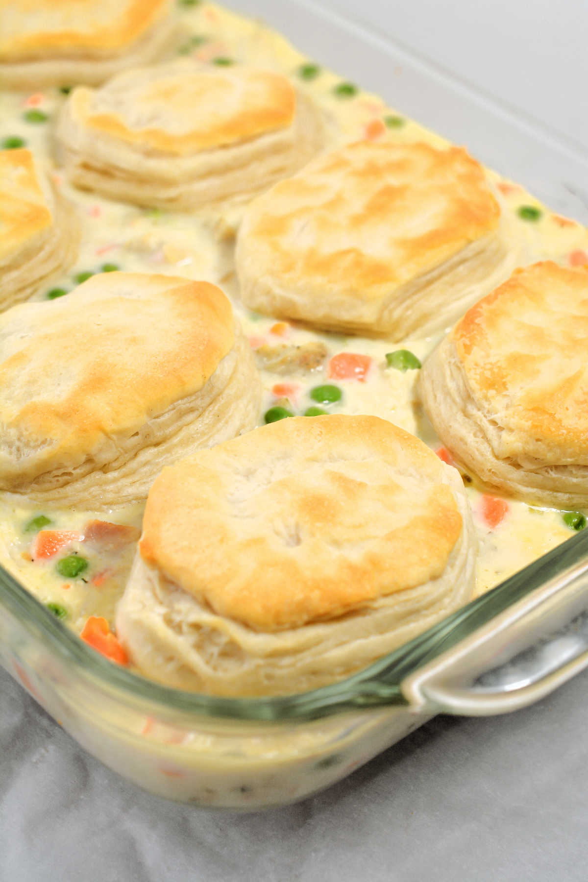 Side view of casserole dish filled with creamy chicken and vegetable mixture topped with flaky biscuits.