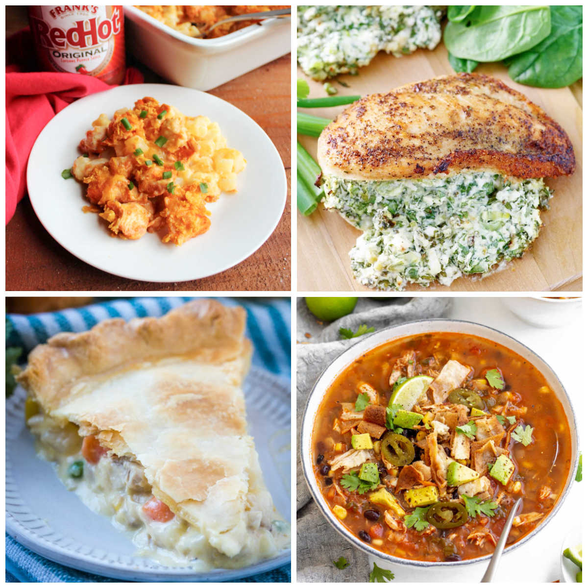 Collage of chicken recipes including a buffalo chicken casserole, chicken pot pie, spinach stuffed chicken breast and chicken tortilla soup.