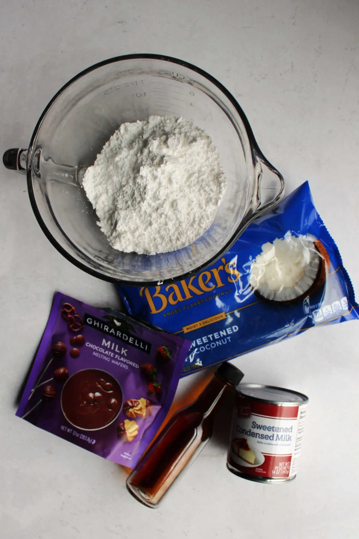 Ingredients for chocolate mounds truffles. 