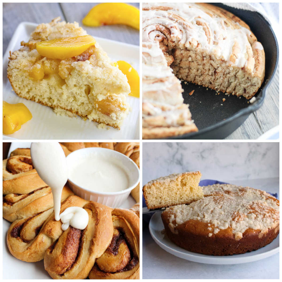 Collage of images including coffee cakes and cinnamon rolls.