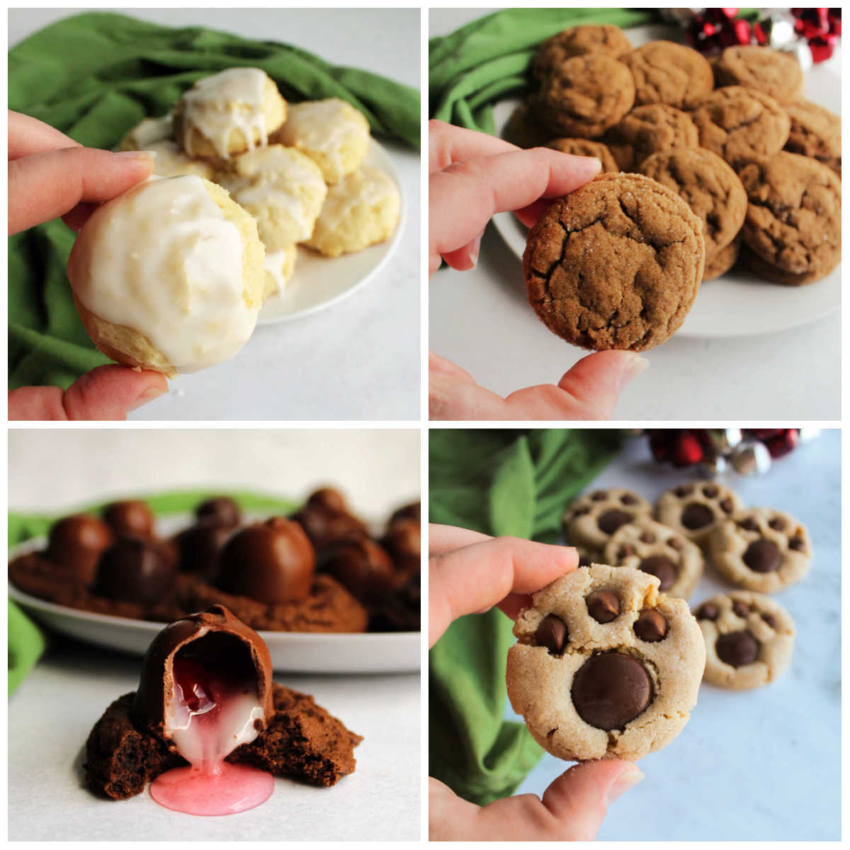 Collage of images of cookies including soft lemon cookies, molasses spice cookies, chocolate covered cherry blossoms and bear paw cookies.