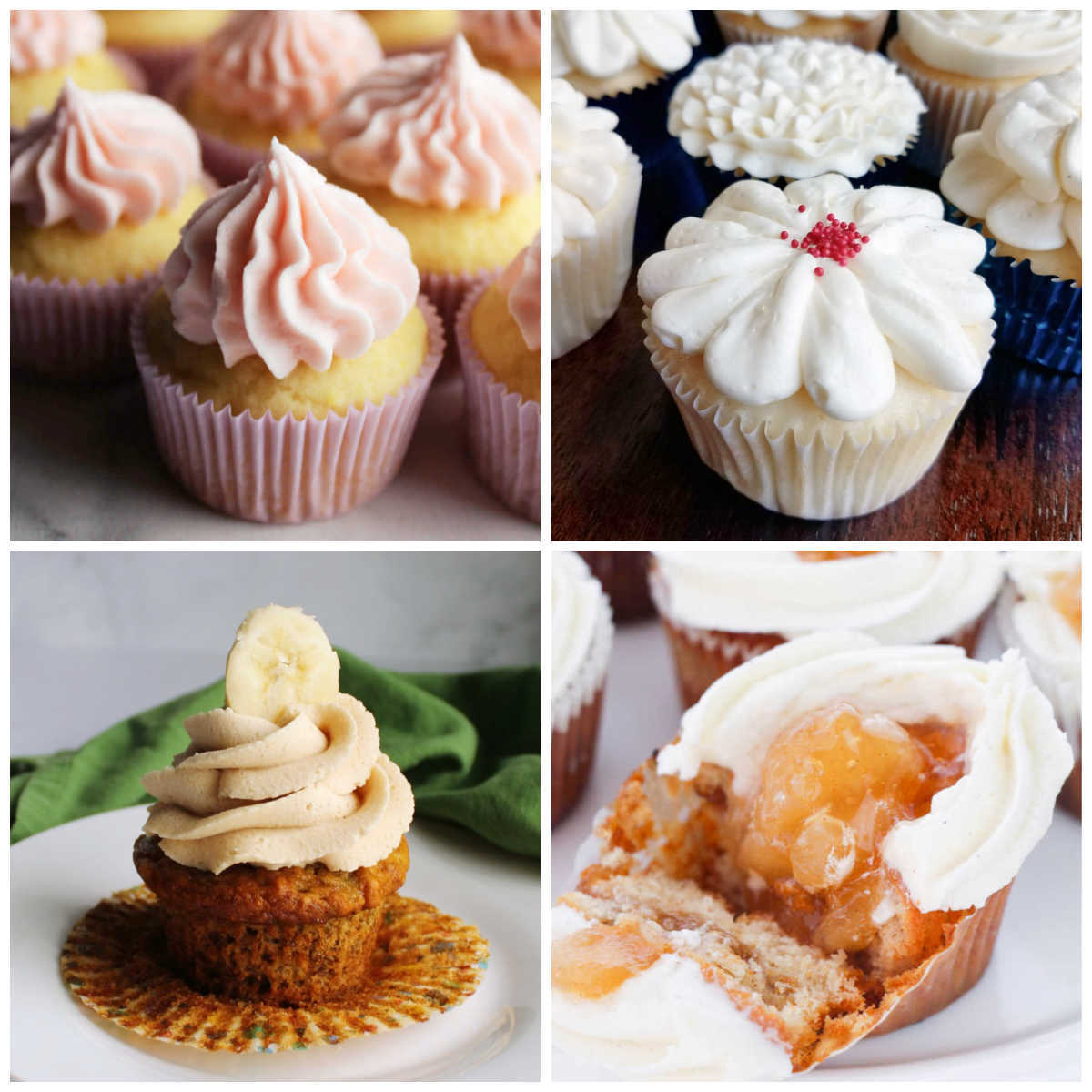 Collage of cupcake images including mini cupcakes, white cupcakes, banana cupcakes and apple pie cupcakes.