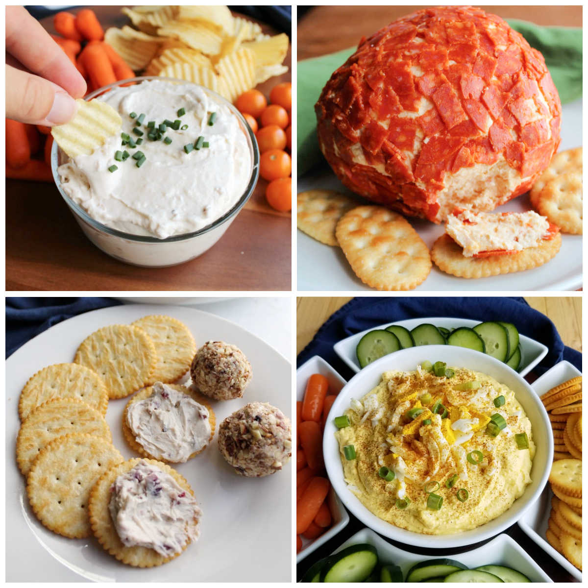 Collage of recipes including cheese balls and dips.