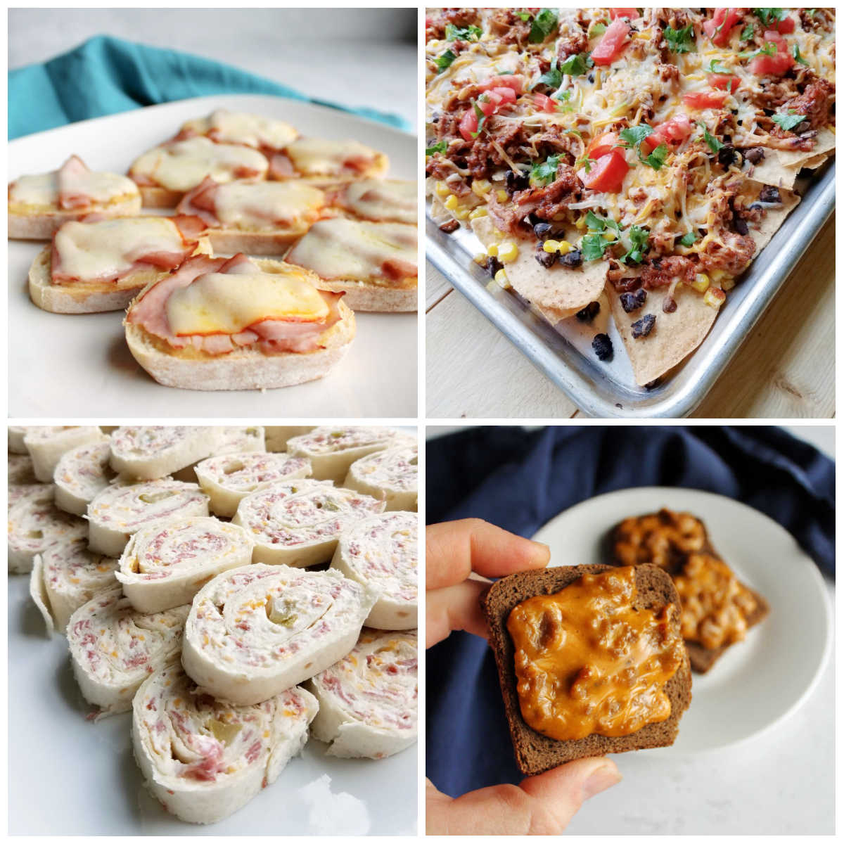 Collage of images of crostini, nachos, pinwheels and party ryes ready for a party.