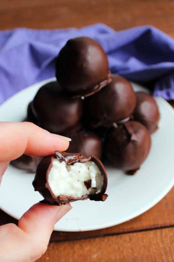 Hand holding a chocolate coated coconut candy with white center showing.
