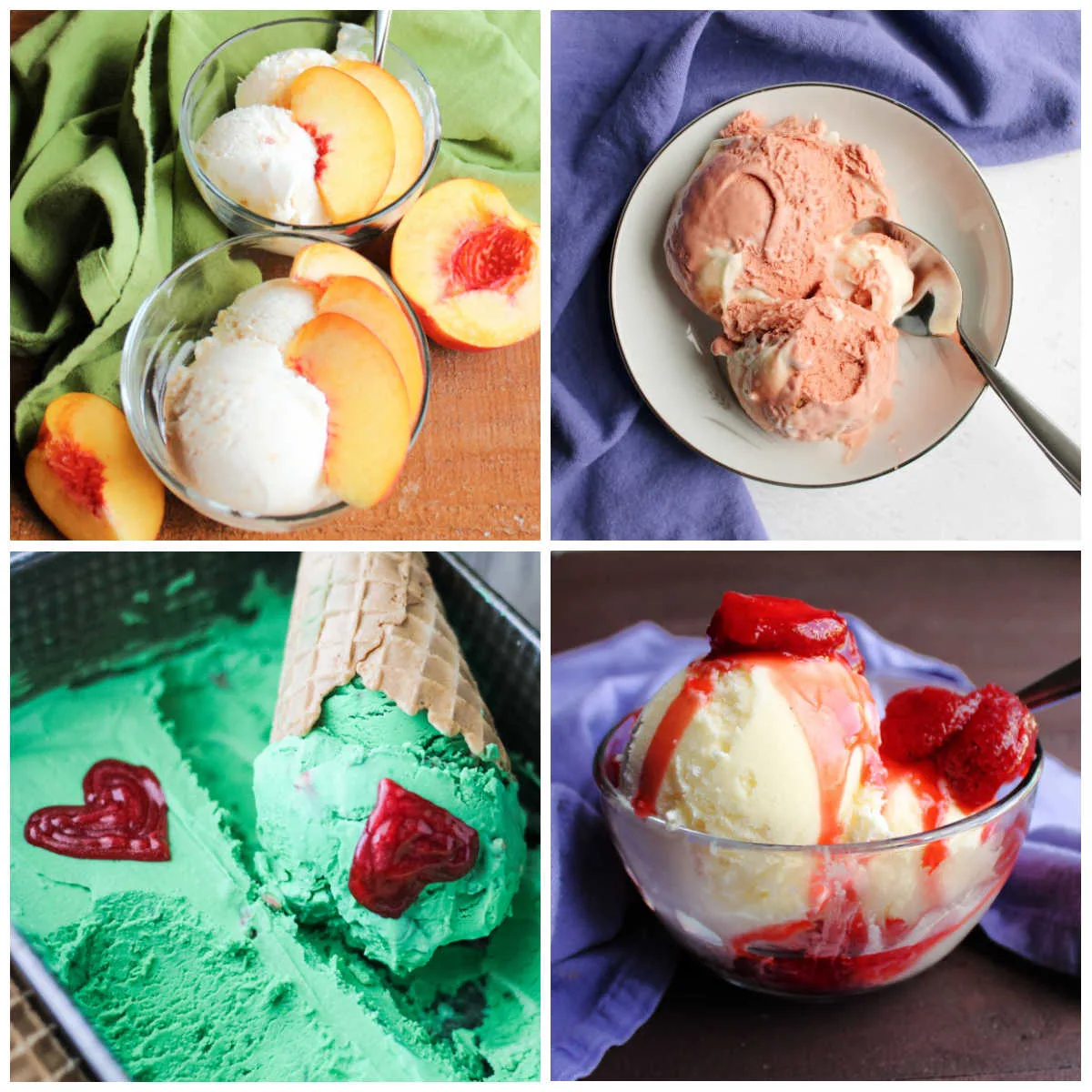 Collage of homemade ice cream images with peach ice cream, grinch ice cream, vanilla ice cream with strawberries and pink velvet ice cream.