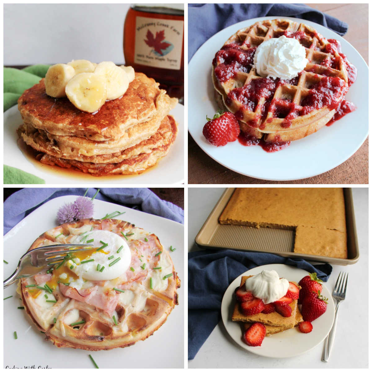 Collage of pancake and waffle images including banana pancakes, sourdough waffles, a sheet pan pancake and croque madame waffle.