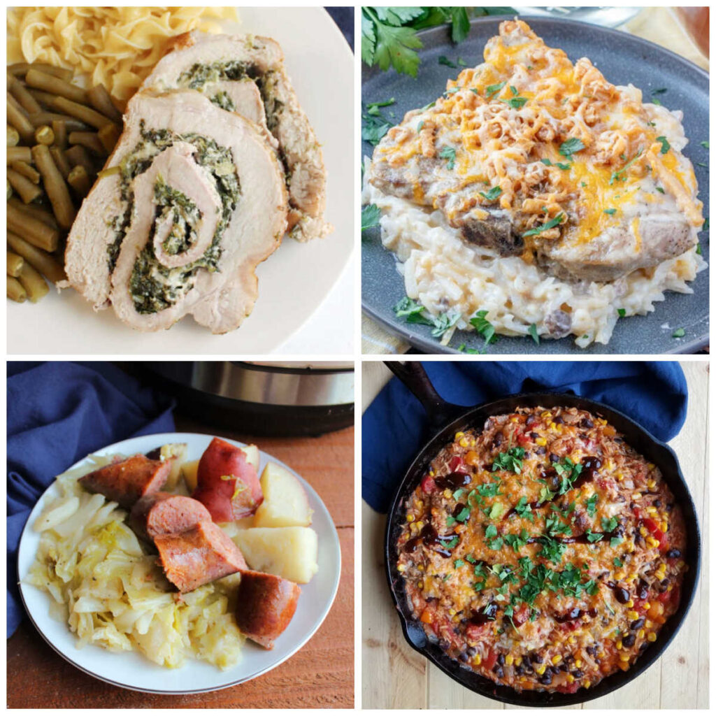 Collage of dinner recipes that feature pork including a spinach stuffed pork loin, pork chop with cheesy potatoes, polish sausage with cabbage and potatoes and bbq pulled pork and rice skillet.
