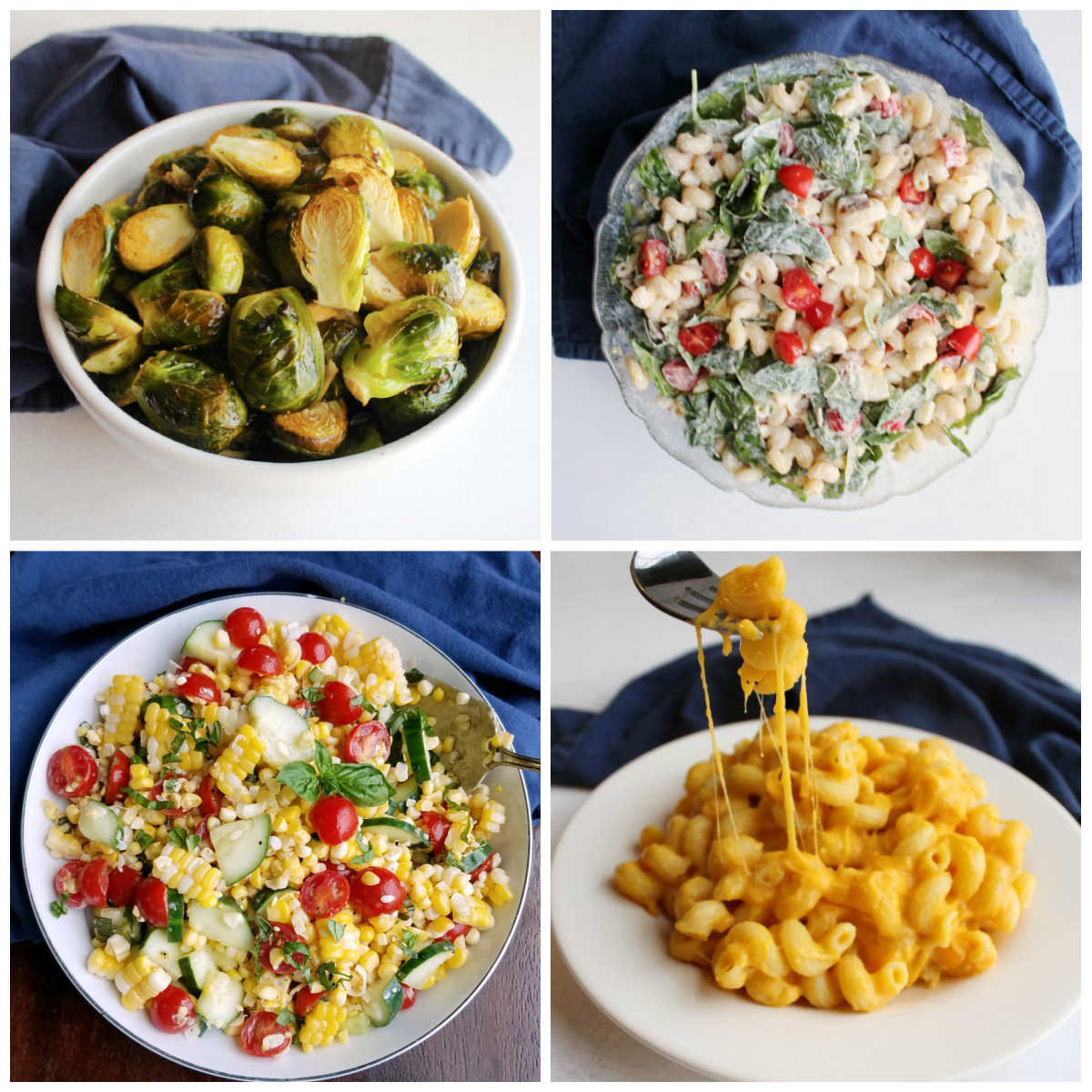 Collage of side dish images including brussels sprouts, corn salad, blt pasta salad and acorn squash mac and cheese.