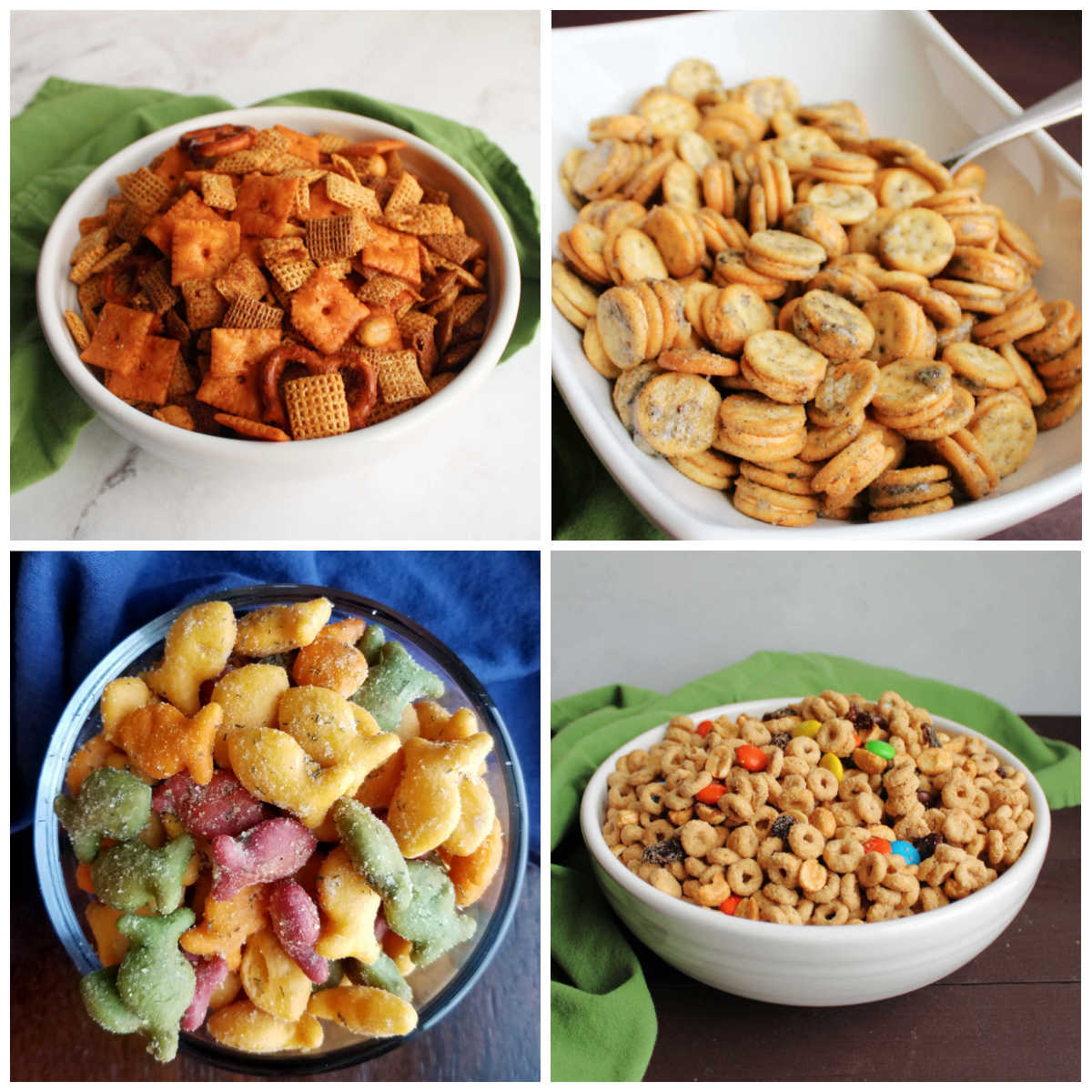 Collage of images of snack mixes including chex mix, seasoned crackers, and a trail mix.