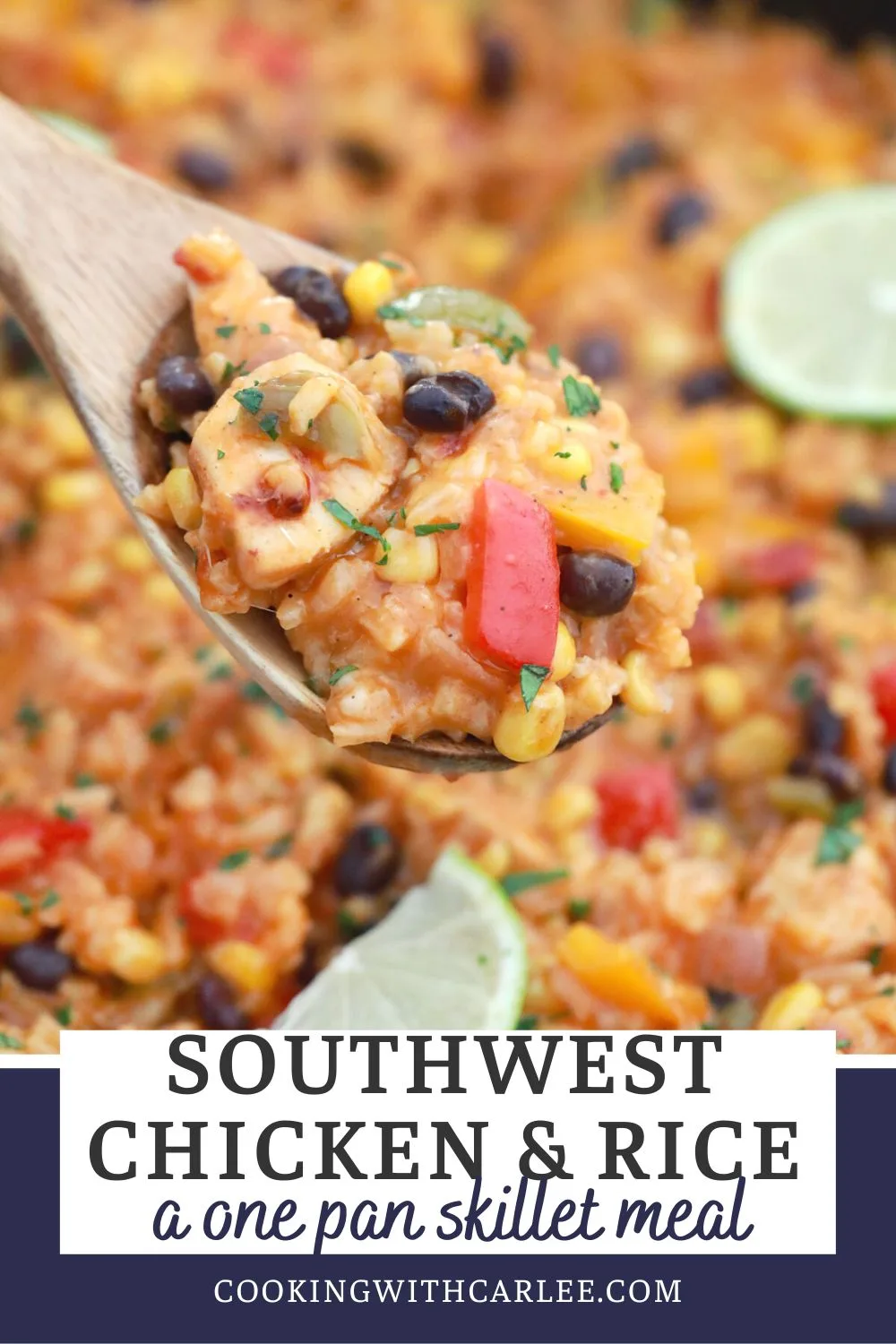 Southwest Chicken is a delicious rice dish with a variety of veggies, spices, and cheese. The juicy chicken soaks up the lime juice, broth, and salsa to give it great flavor.