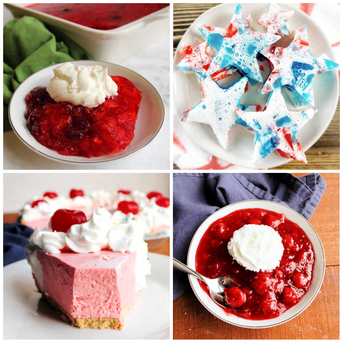 Collage of jello images including cranberry jello salad, red white and blue jello stars, cherry pineapple jello salad and creamy jello pie.