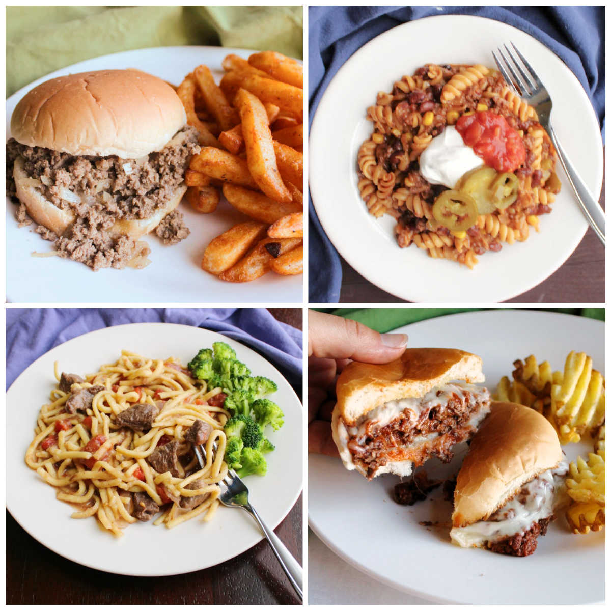 Collage of dinner ideas that feature beef as a main ingredient including maid rites, pizza burgers, beef and noodles and taco pasta.