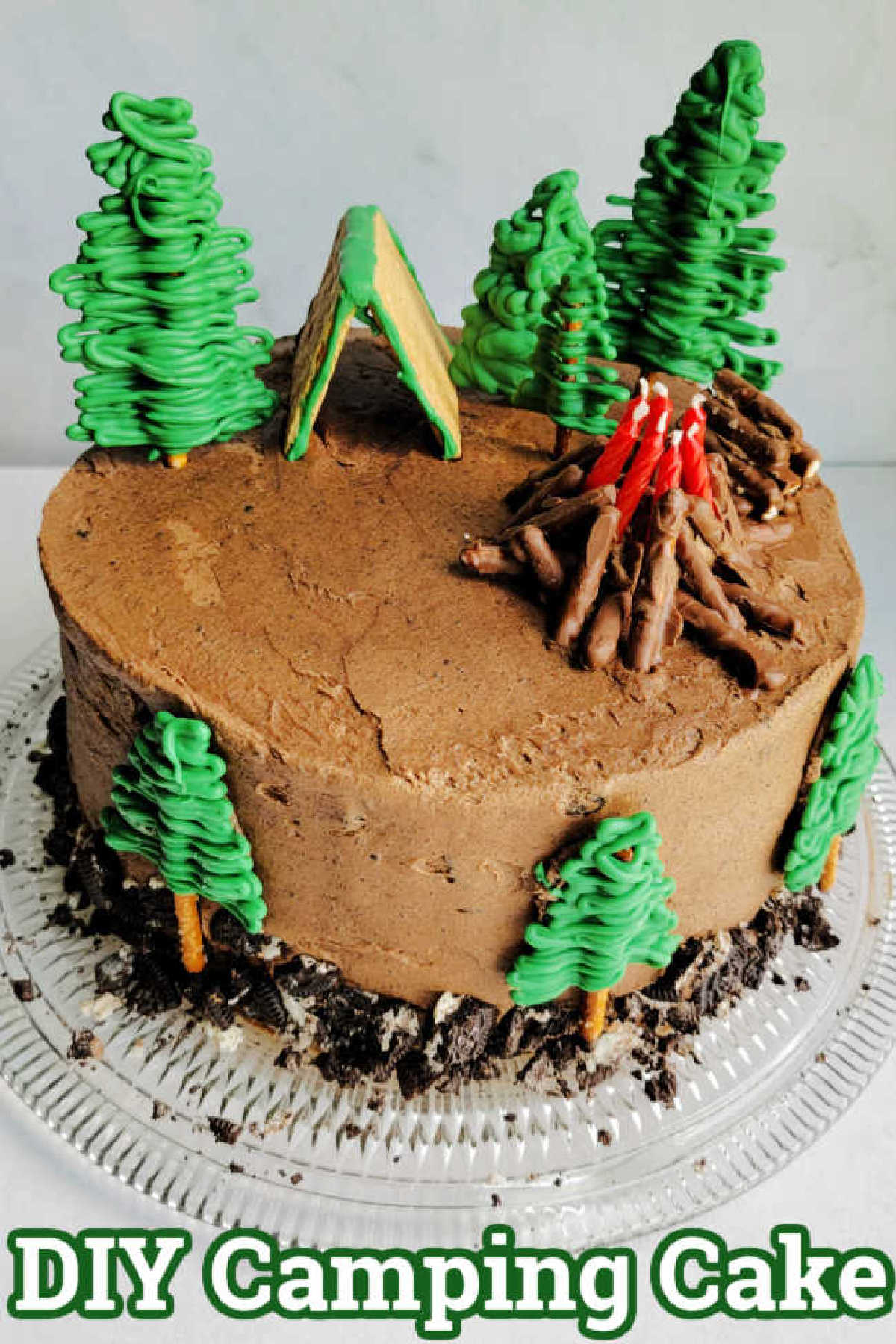 If you ate hosting a lumberjack, outdoor or camping themed party, this easy DIY camping cake is the perfect dessert. It made for a cute birthday cake that was easy to make at home with very few cake decorating skills.