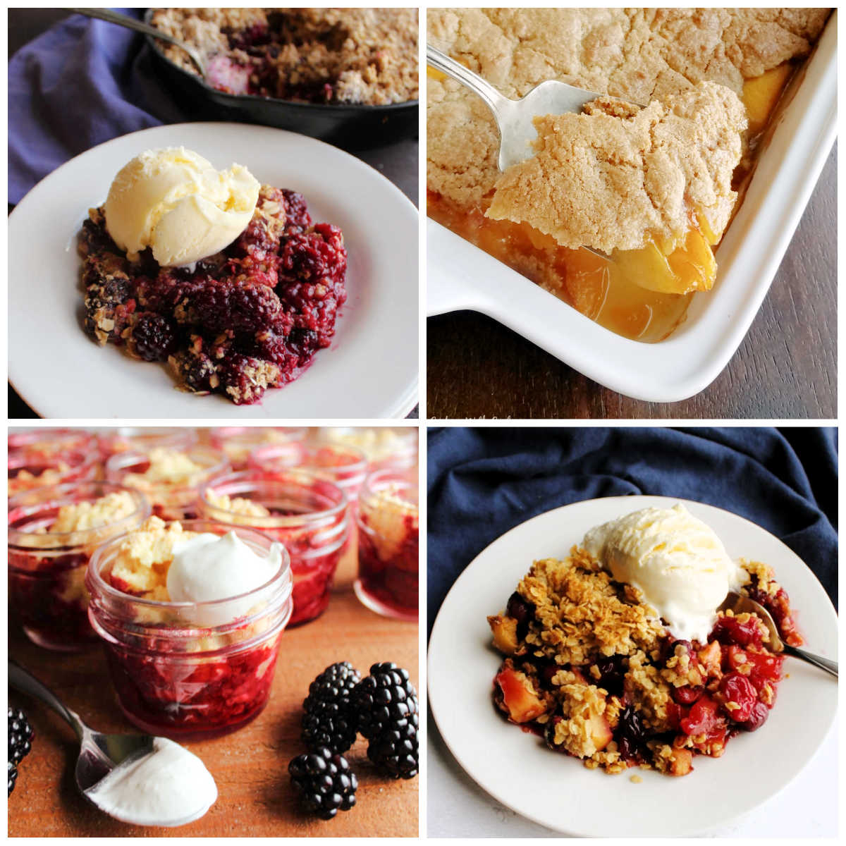 Collage of fruity desserts including blackberry cobbler jars, blackberry crisp, peach cobbler, and apple cranberry crisp.