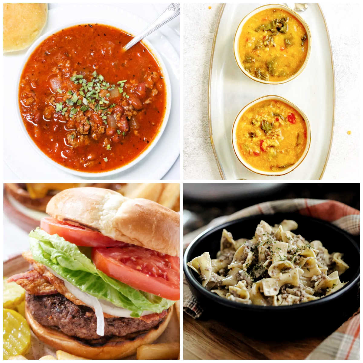 Collage of recipes using ground dear meat like venison chili, venison burger, venison stroganoff and venison lentil stew. 