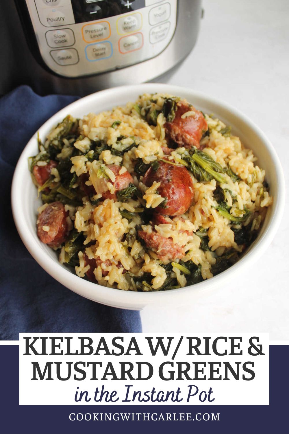 Getting dinner on the table is fast and easy with this great kielbasa with rice and mustard greens recipe. Everything cooks together in a pressure cooker for a flavorful but simple meal.