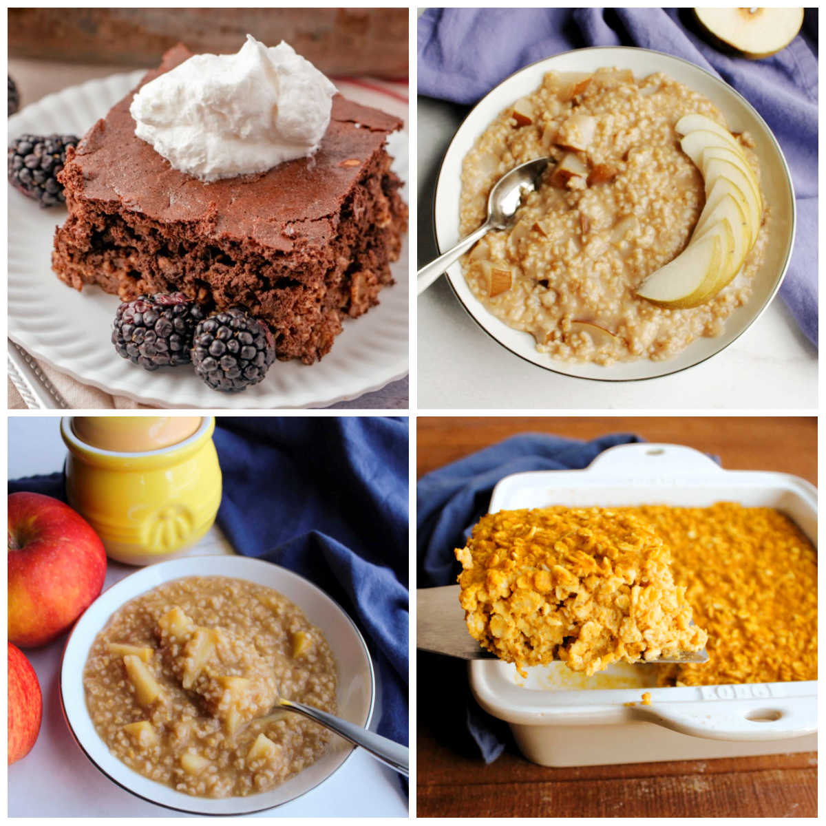 Collage of oatmeal recipes for breakfast including baked oatmeal and steel cut oats.