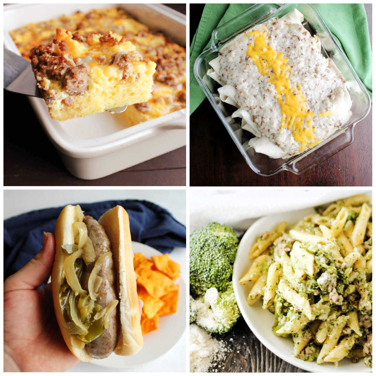 Collage of recipes using sausage including a breakfast casserole, brats with peppers and onions, smothered breakfast burritos and an Italian sausage and pasta meal.