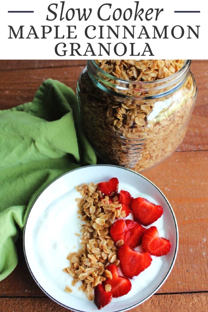 This slow cooker maple cinnamon granola could not be easier to make. It is sweet, crunchy and perfect as a snack or breakfast. 