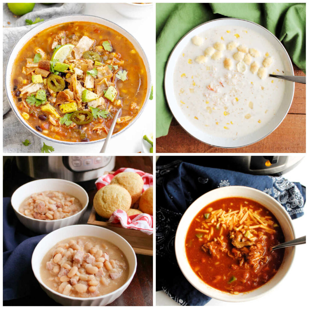 Collage of soup images including chicken tortilla soup, cajun crab chowder, pulled pork chili and ham and bean soup.