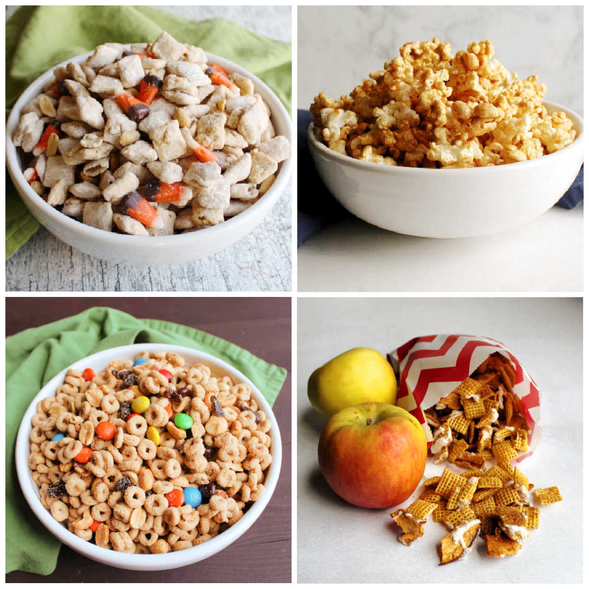 Collage of sweet snack mix recipes including squirrel chow, caramel corn, apple pie chex mix and maple peanut butter snack mix.