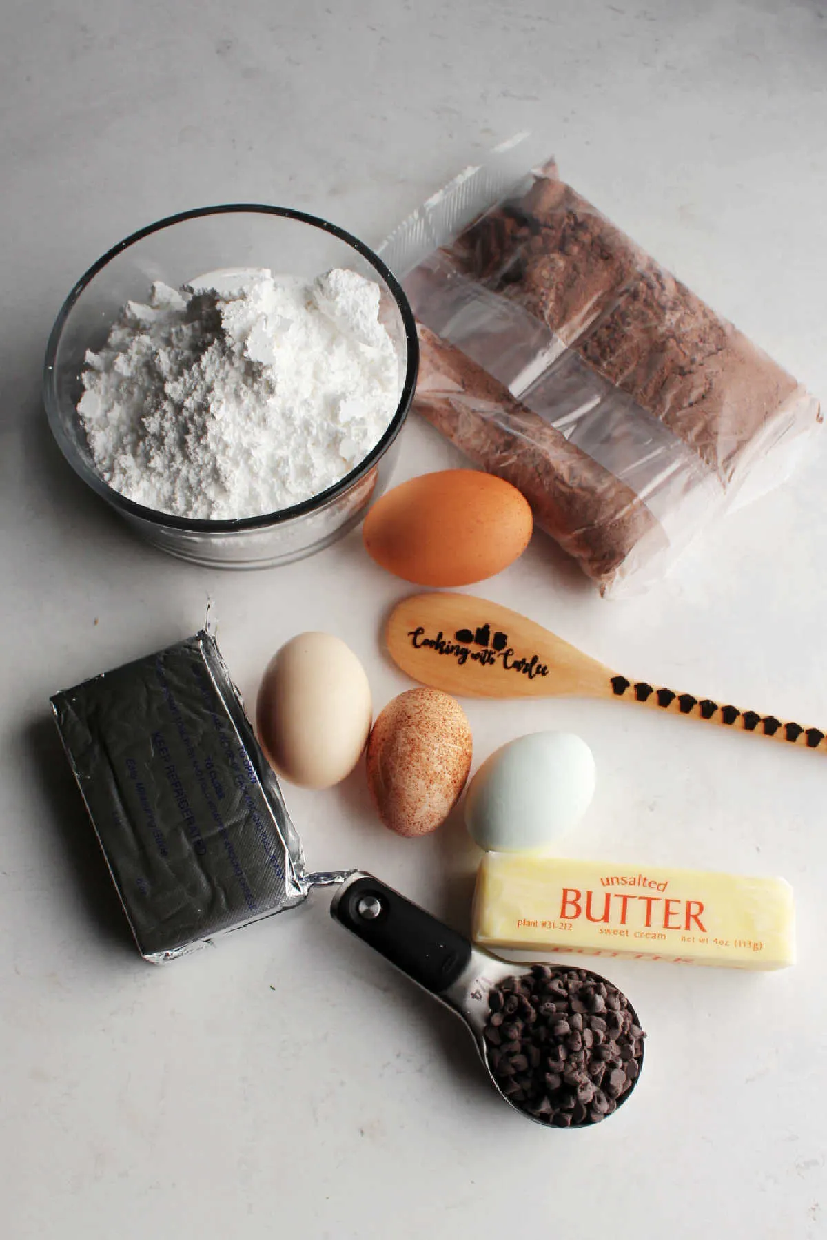 Ingredients ready to be made into chocolate gooey butter cake.