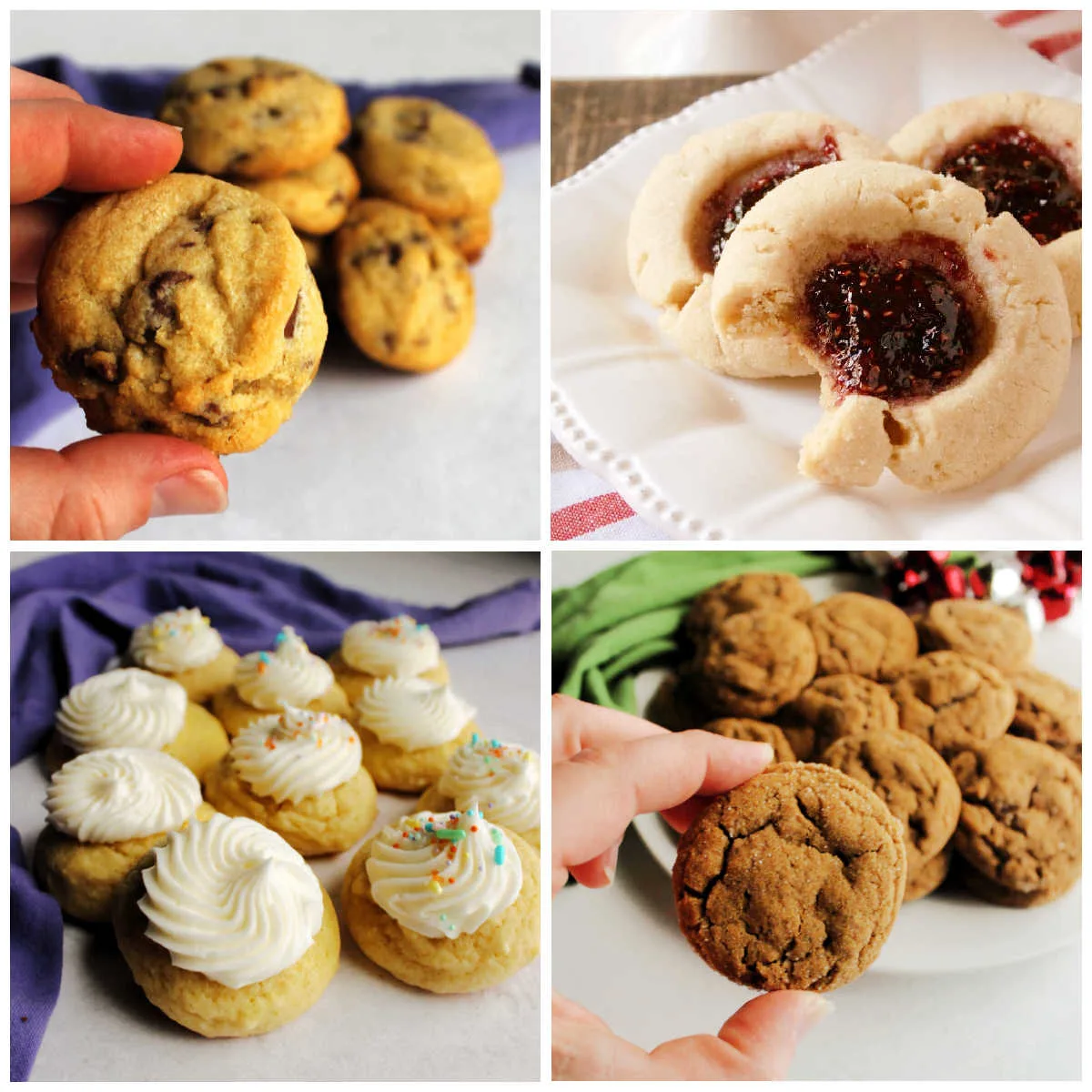 Collage of cookie images including thumbprints, chocolate chip cookies, sour cream cookies and spiced molasses cookies.