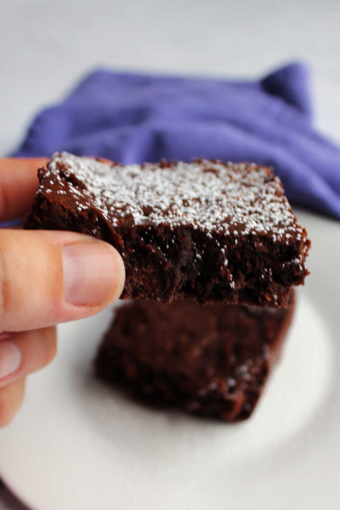 Hand holding fudgy brownie with dusting of powdered sugar on top.