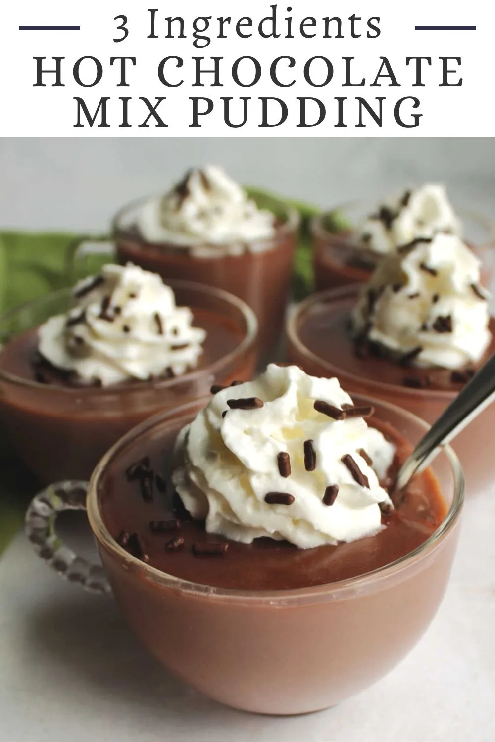 Turn extra hot chocolate mix into an easy and creamy hot chocolate pudding. This recipe only requires 3 ingredients (4 if you count the water) and is ready in less than 10 minutes.