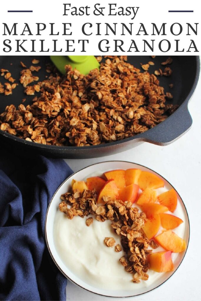 Maple cinnamon skillet granola is quick and easy to put together and it is perfect with fruit and yogurt. It only takes 5 ingredients and less than ten minutes to make a small batch of crunchy granola.