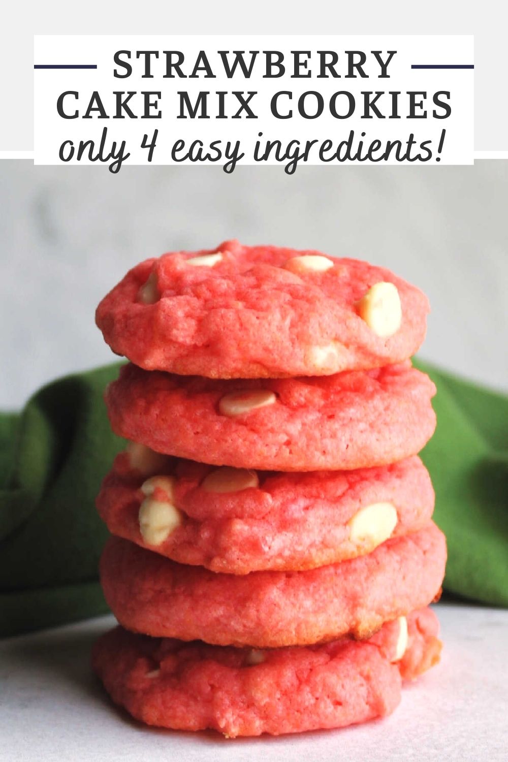 Strawberry cake mix cookies with white chocolate chips are the perfect way to make a sweet treat in a hurry. They only take 4 simple ingredients and a few minutes to put together, but that can be out little secret. Everyone else can think you worked hard baking up a delicious dessert.