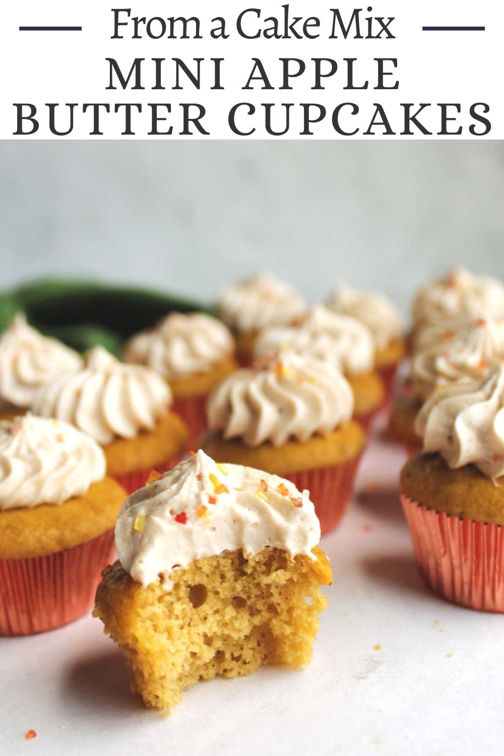 These cute little two bite mini apple butter cupcakes are super simple to put together. They only take 4 ingredients to make and they are perfect for fall.