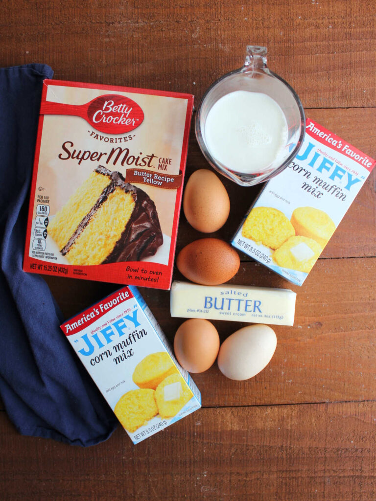 Ingredients: cake mix, corn muffins mix, eggs, milk, butter ready to be made into cakey cornbread.