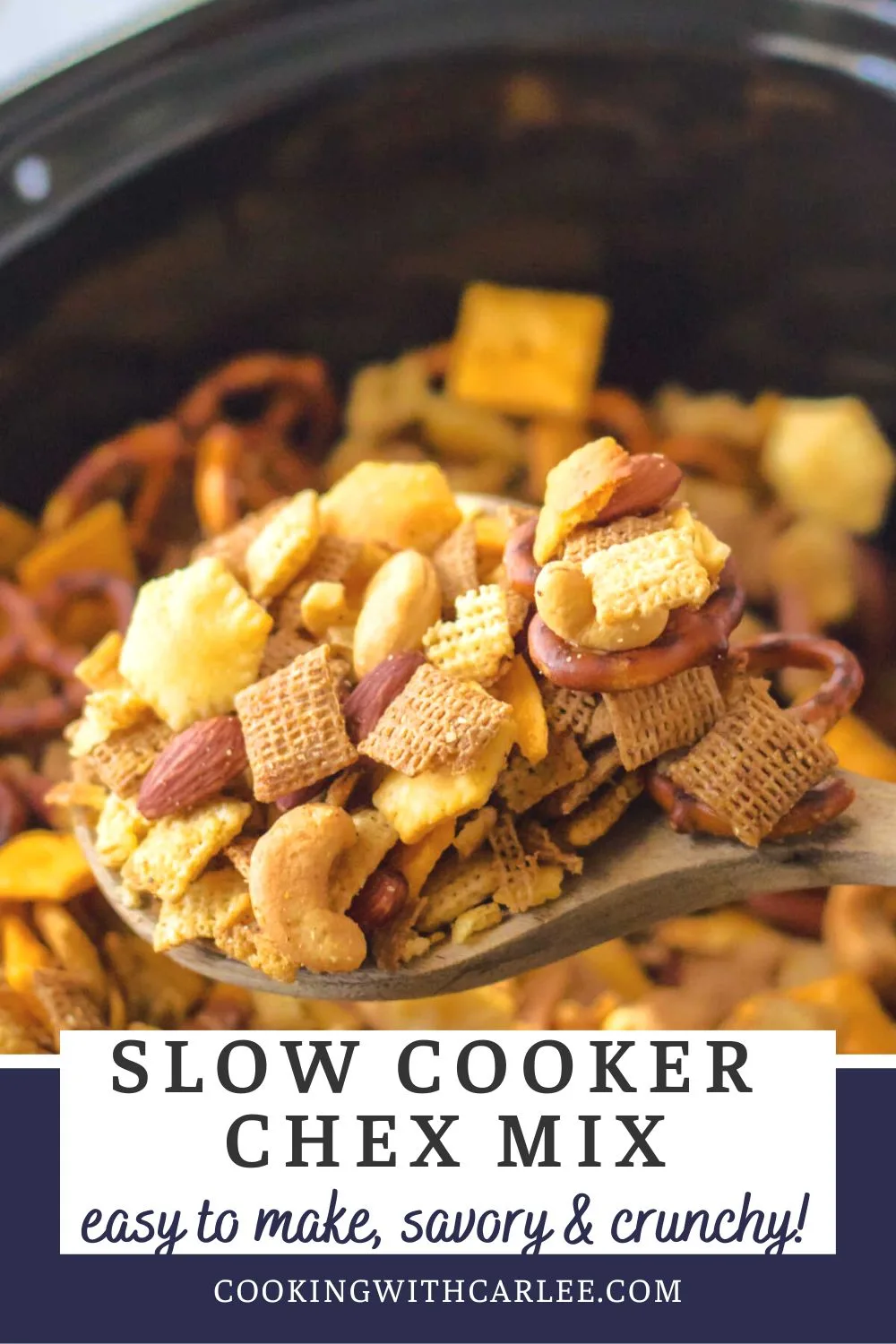 This slow cooker Chex mix recipe gets you the salty crunchy snack mix you crave without having to turn on the oven. It is perfect for the holidays, parties, road trips and more.