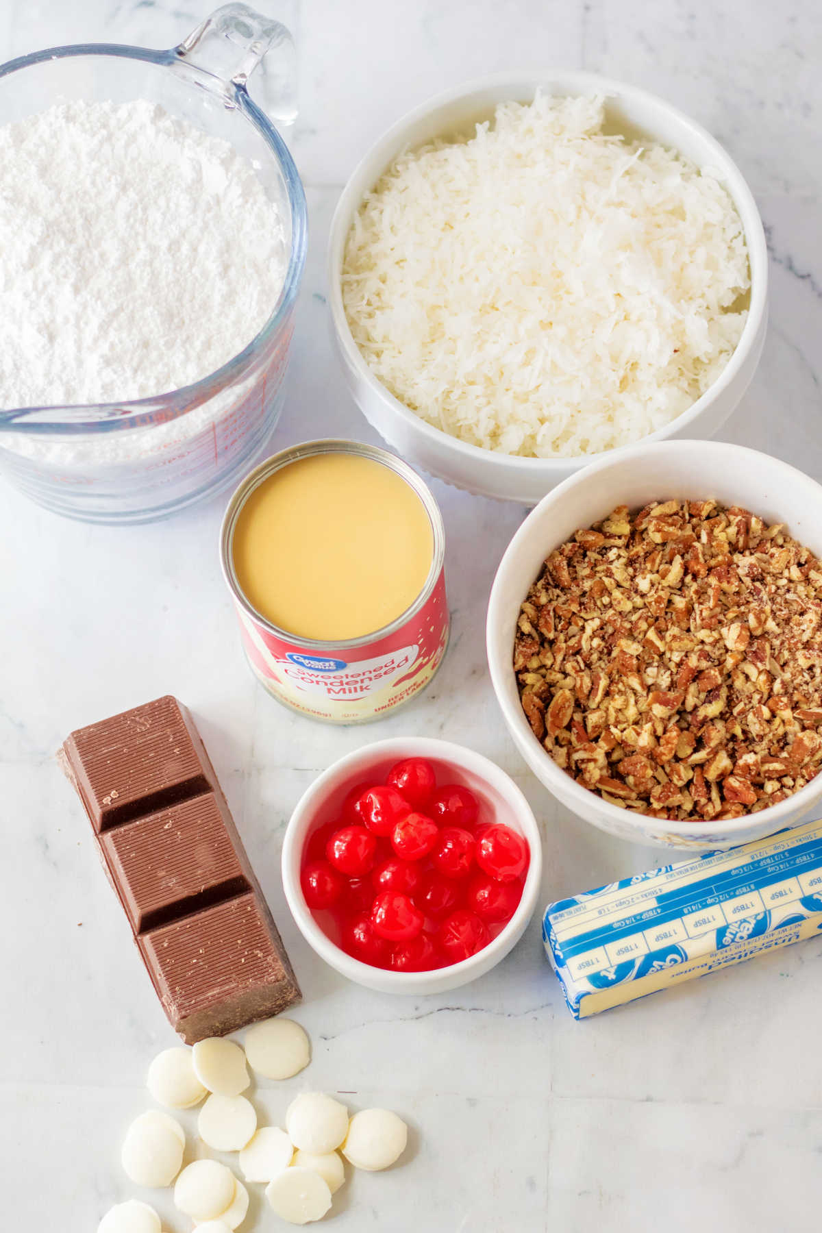 Ingredients ready to be made into cherry coconut bonbons.