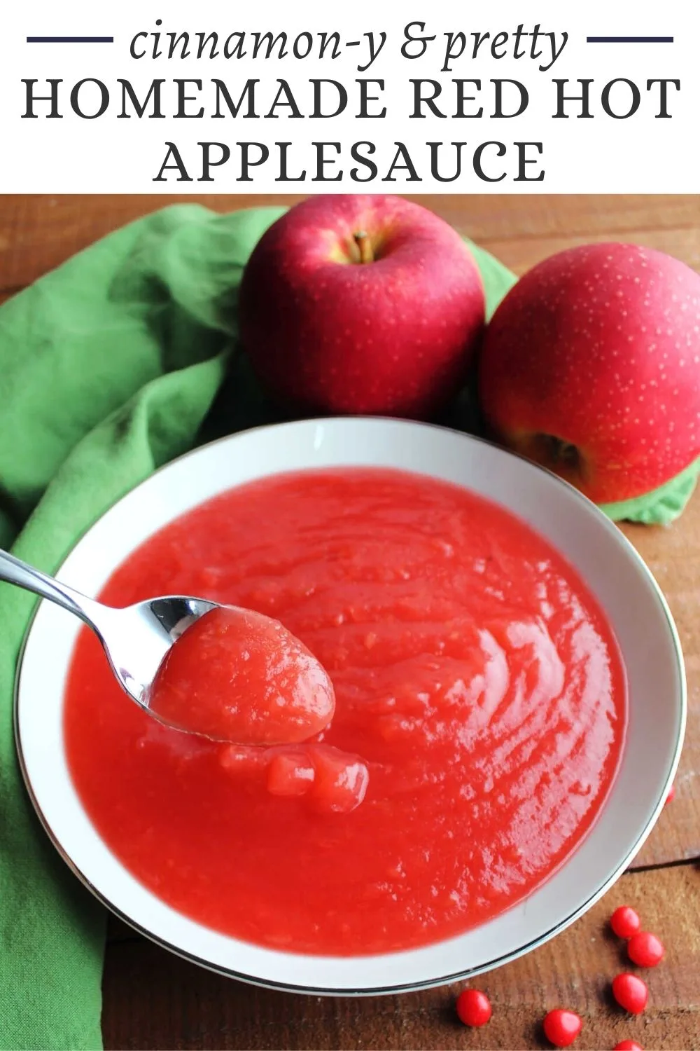 Rosy applesauce gets both it's red color and a fun cinnamon flavor from red hots. This twist on a vintage recipe is a fun way to turn fresh apples into a delicious and vibrant homemade applesauce.