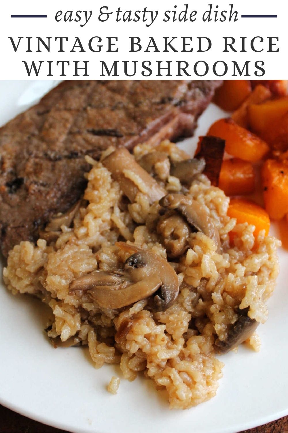 This tasty baked rice recipe has beef broth and mushrooms to make it the perfect savory side dish. It only takes a few minutes to put together and is hands off once it's in the oven. So it is an easy and delicious addition to a dinner menu.