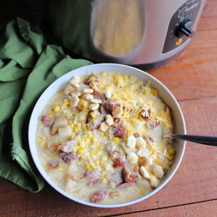kielbasa chowder with cheese and oyster crackers