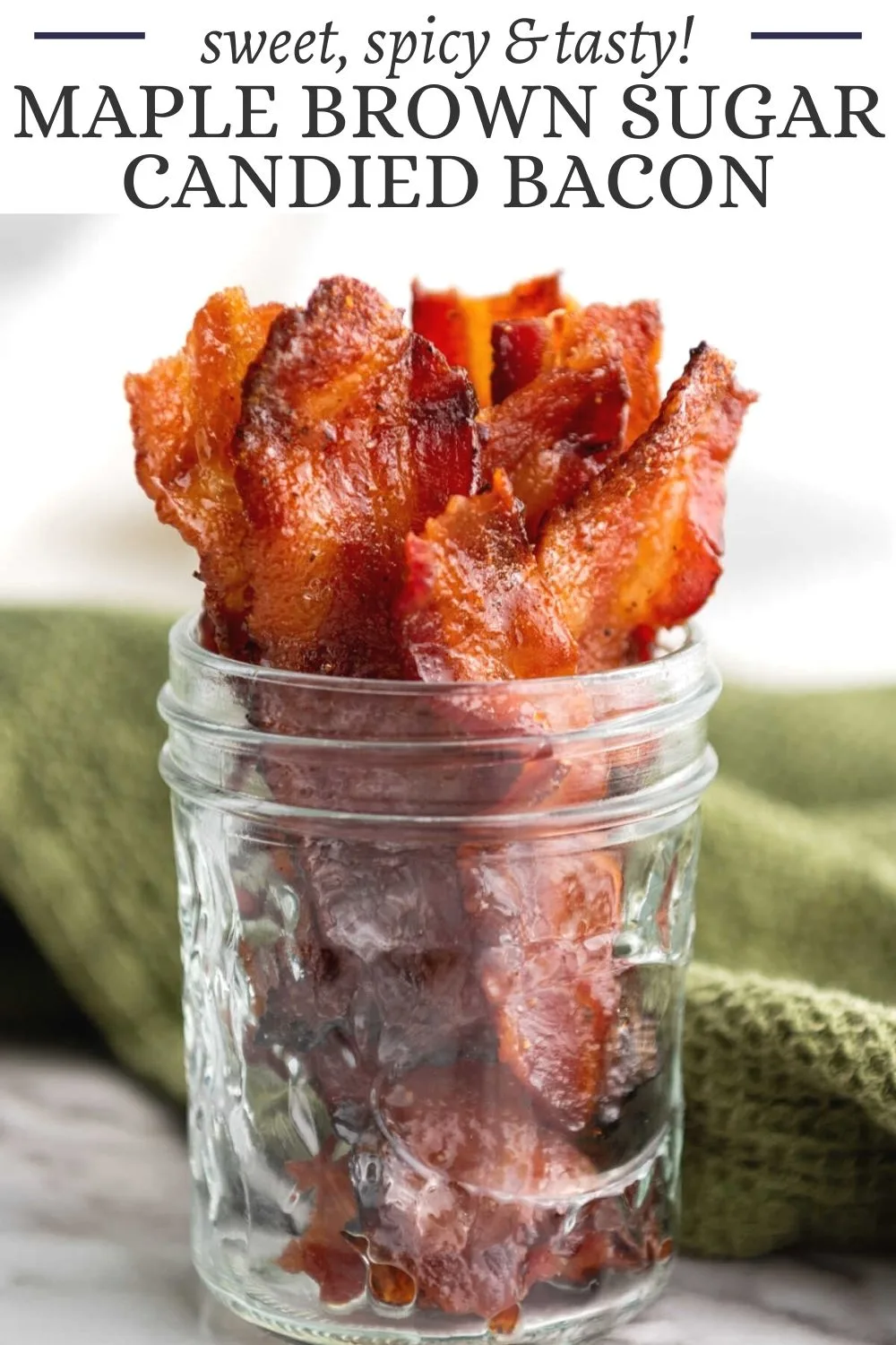 Maple candied bacon is the perfect mix of sweet and savory. Bacon is coated with a maple syrup, brown sugar and black pepper mixture and baked until crispy to make a sweet and spicy treat.