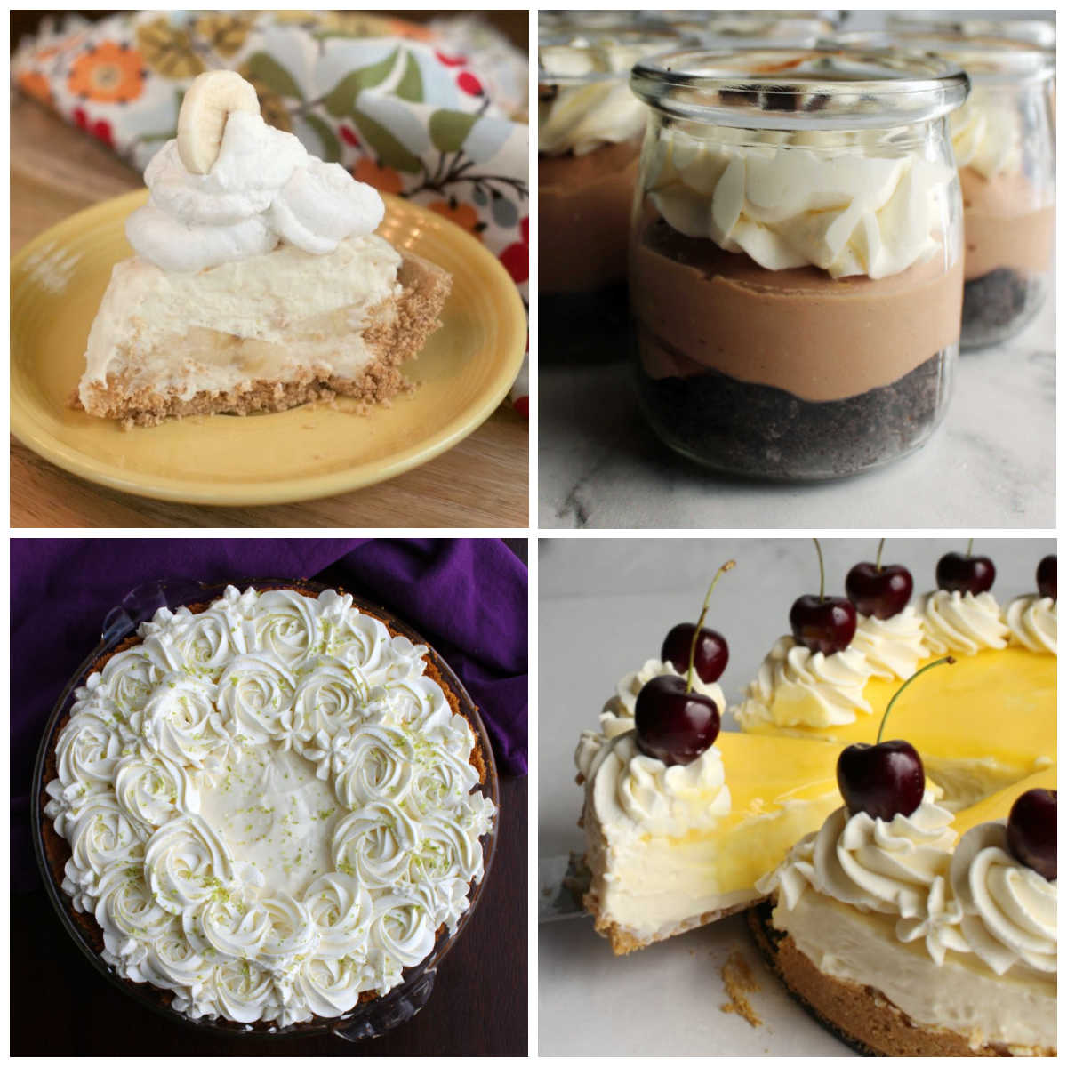 Collage of no bake desserts including key lime pie, lemon cheesecake, banana cream pie and chocolate cheesecake.