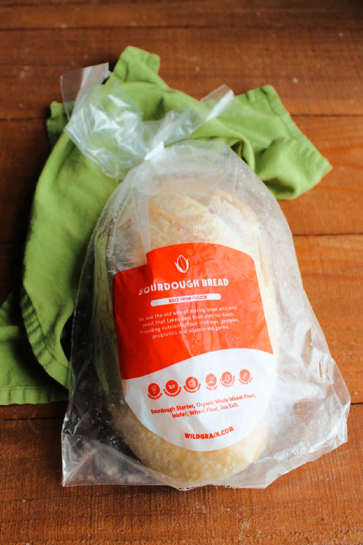 Frozen loaf of wildgrain sourdough bread, ready to go in the oven.